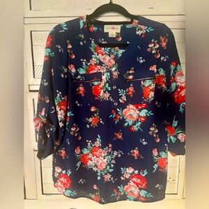 Wishful Park Red and Blue Graphic Blouse with v-neck